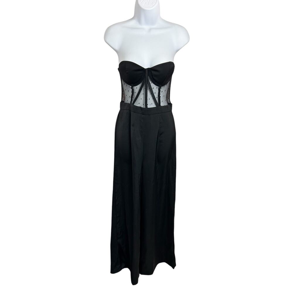 Shein Black Strapless Jumpsuit Sz XS Wide Leg Pant Corset Mesh Top One Piece - Picture 7 of 7